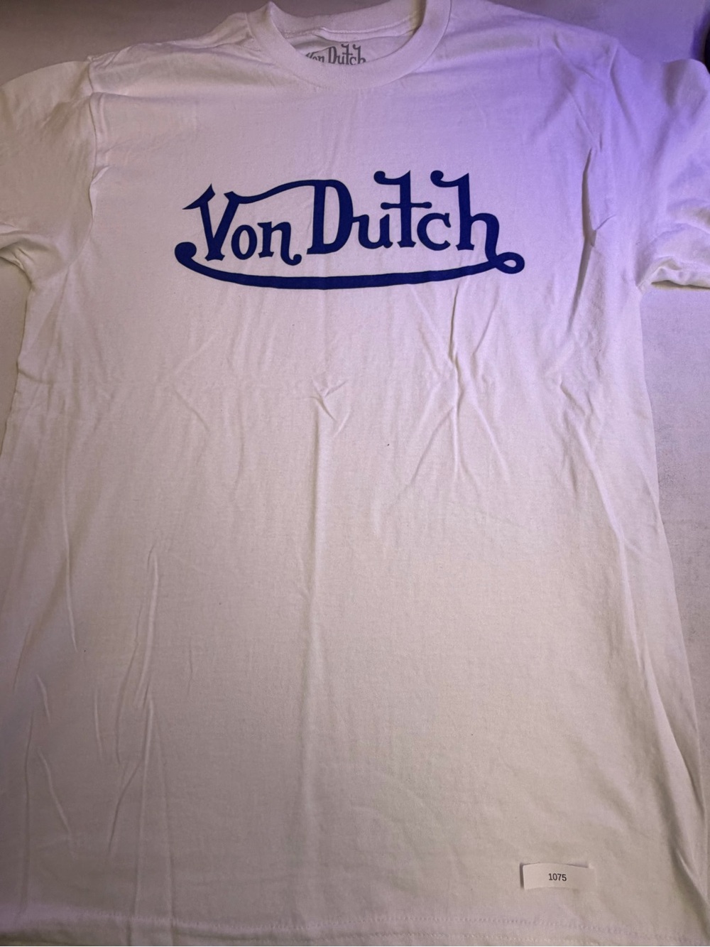 Von Dutch White Tee with Blue Script Logo